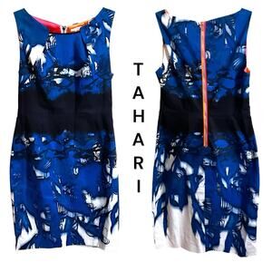 Tahari Dress Women's SZ 4 Sleeveless Sheath Blue Black Colorful Back Zipper